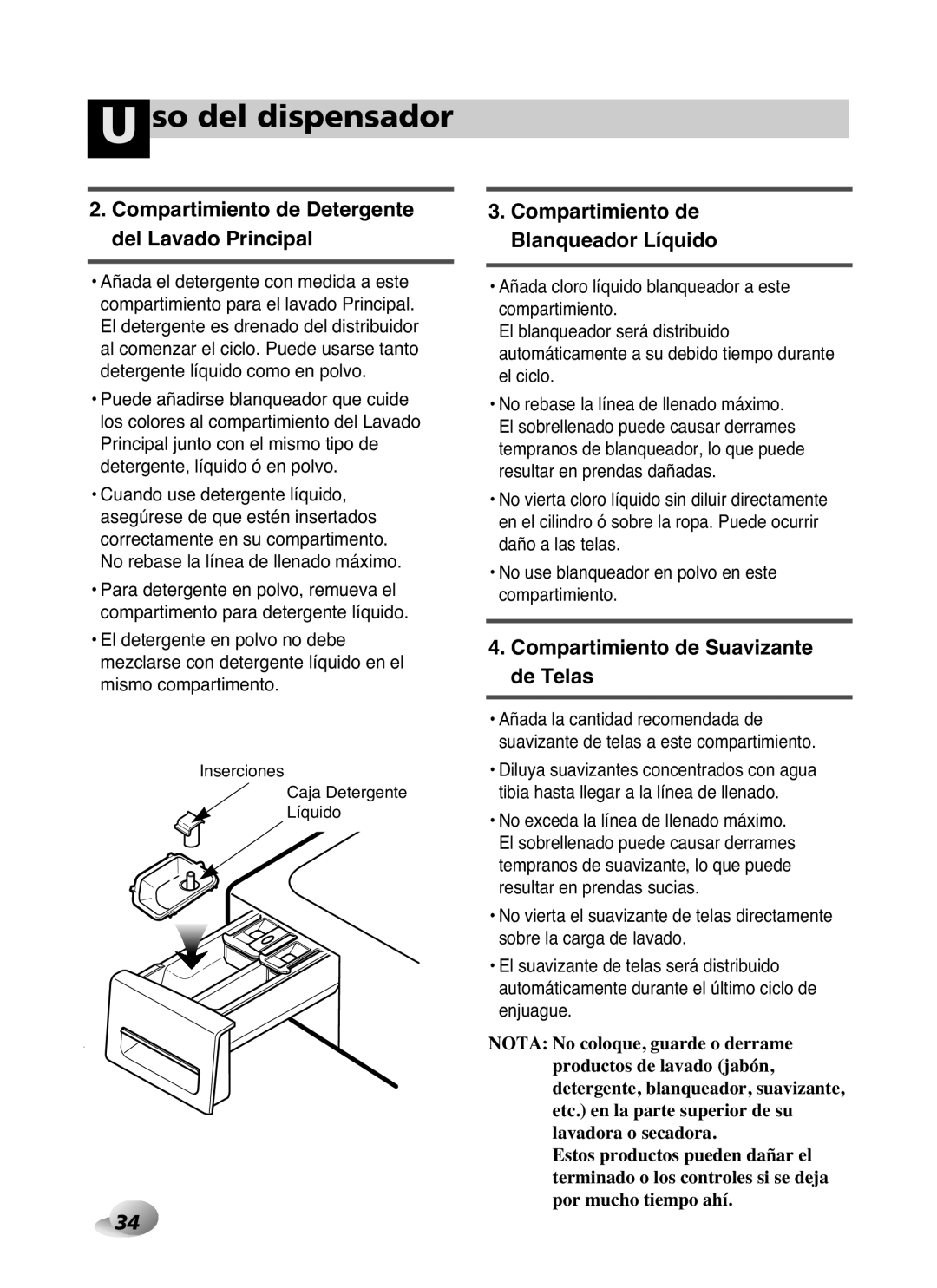 LG Electronics WD-10587BD owner manual Blanqueador Líquido, Inserciones Caja Detergente Líquido 