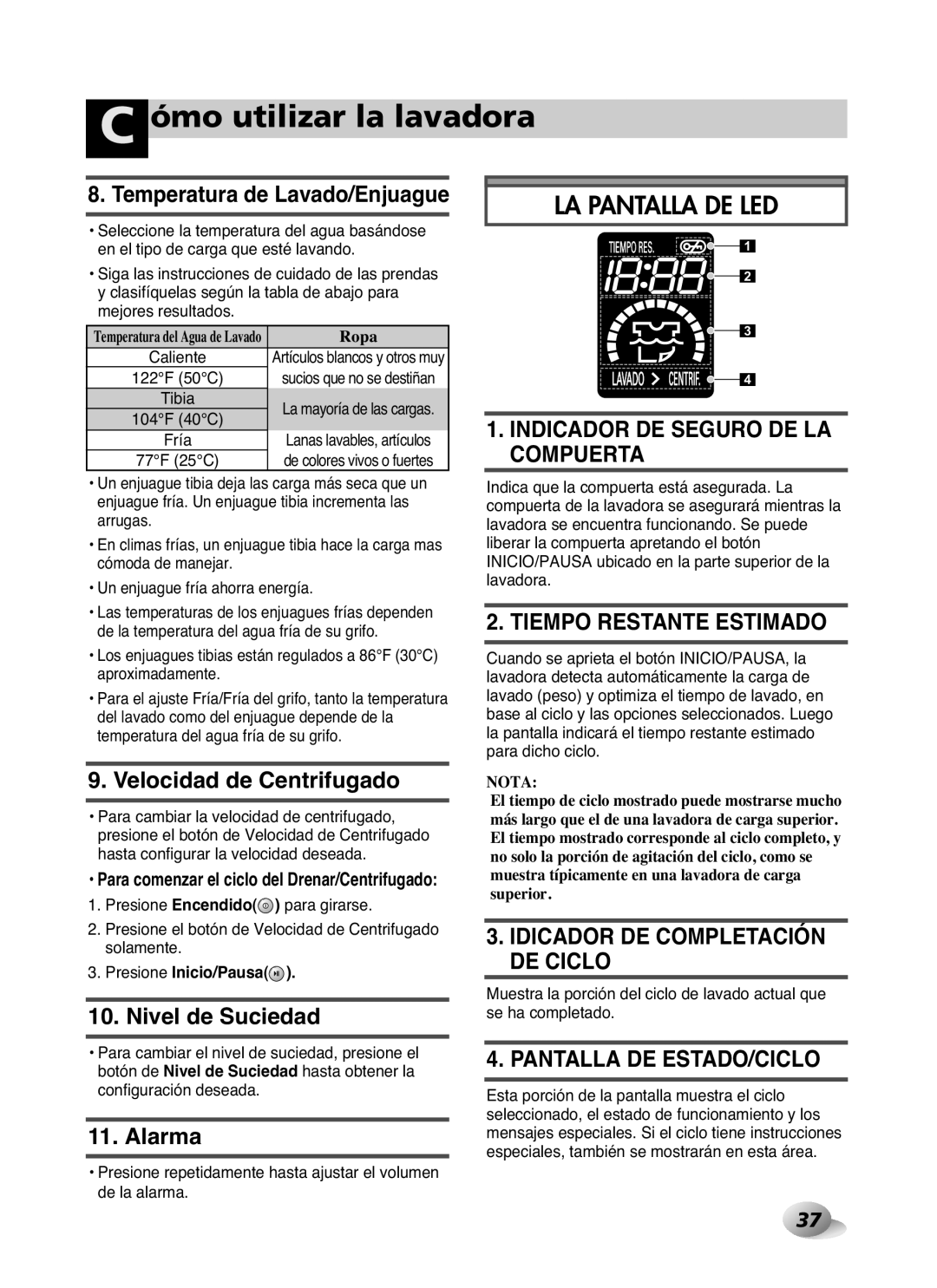 LG Electronics WD-10587BD owner manual Temperatura de Lavado/Enjuague, Velocidad de Centrifugado, Nivel de Suciedad, Alarma 