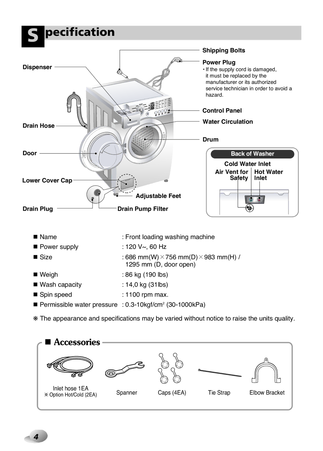 LG Electronics WD-10587BD owner manual Pecification, Spanner Caps 4EA Tie Strap 