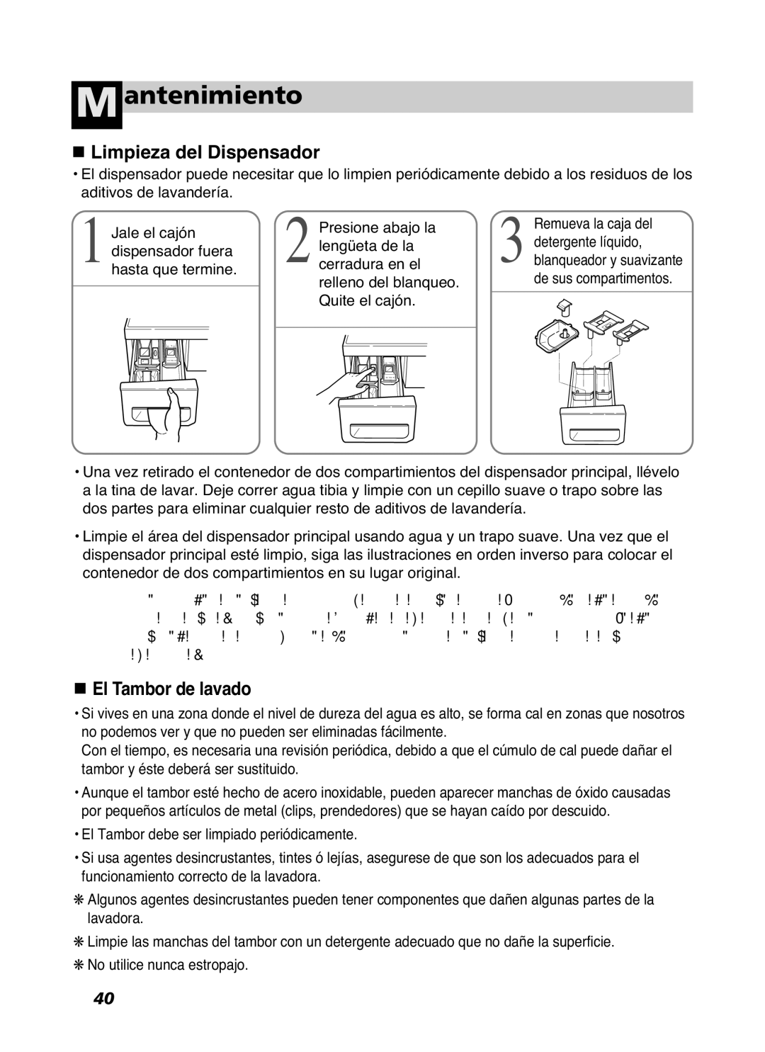 LG Electronics WD-10587BD owner manual Limpieza del Dispensador, El Tambor de lavado 