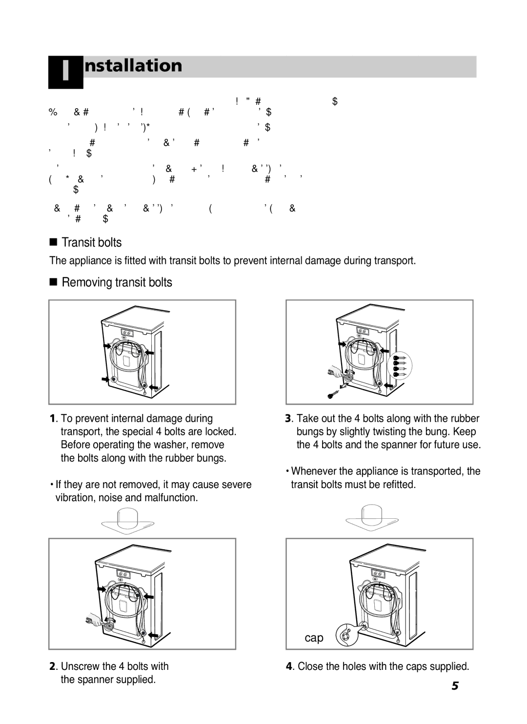 LG Electronics WD-10587BD owner manual Nstallation, Unscrew the 4 bolts with the spanner supplied 