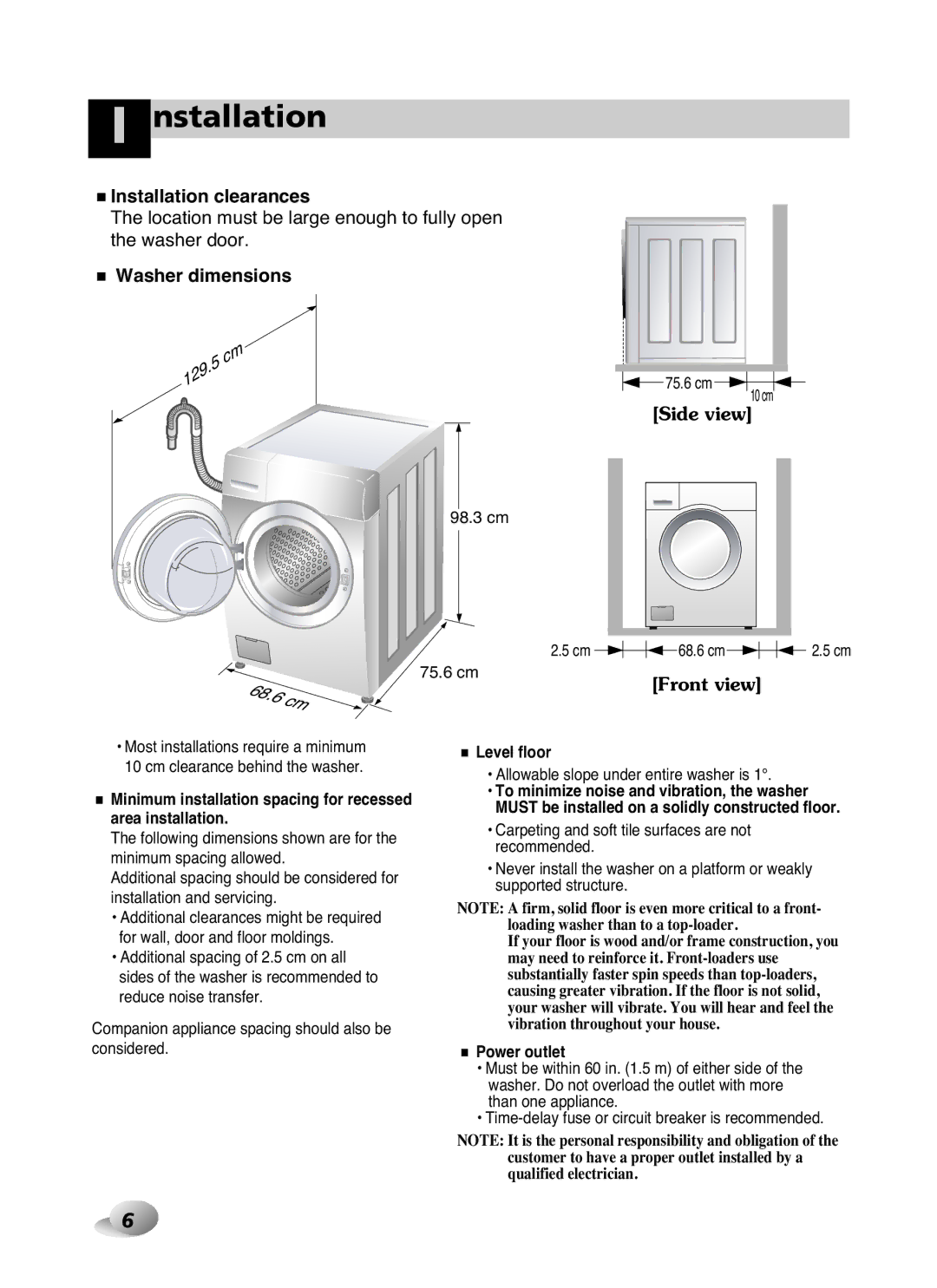 LG Electronics WD-10587BD owner manual Installation clearances, Washer dimensions 