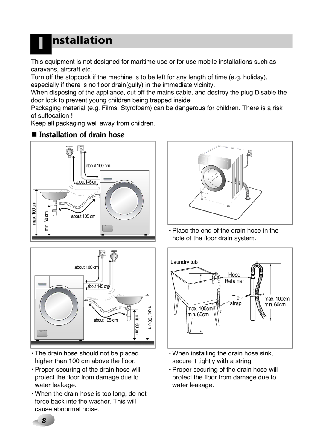 LG Electronics WD-10587BD owner manual Laundry tub, Max cm Min cm 