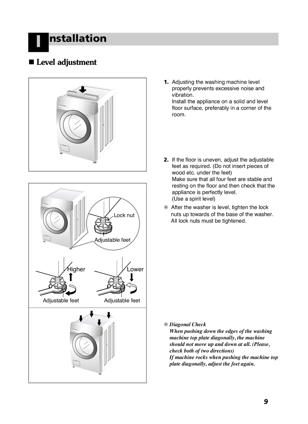 LG Electronics WD-10587BD owner manual Lock nut, Adjustable feet, Lower 