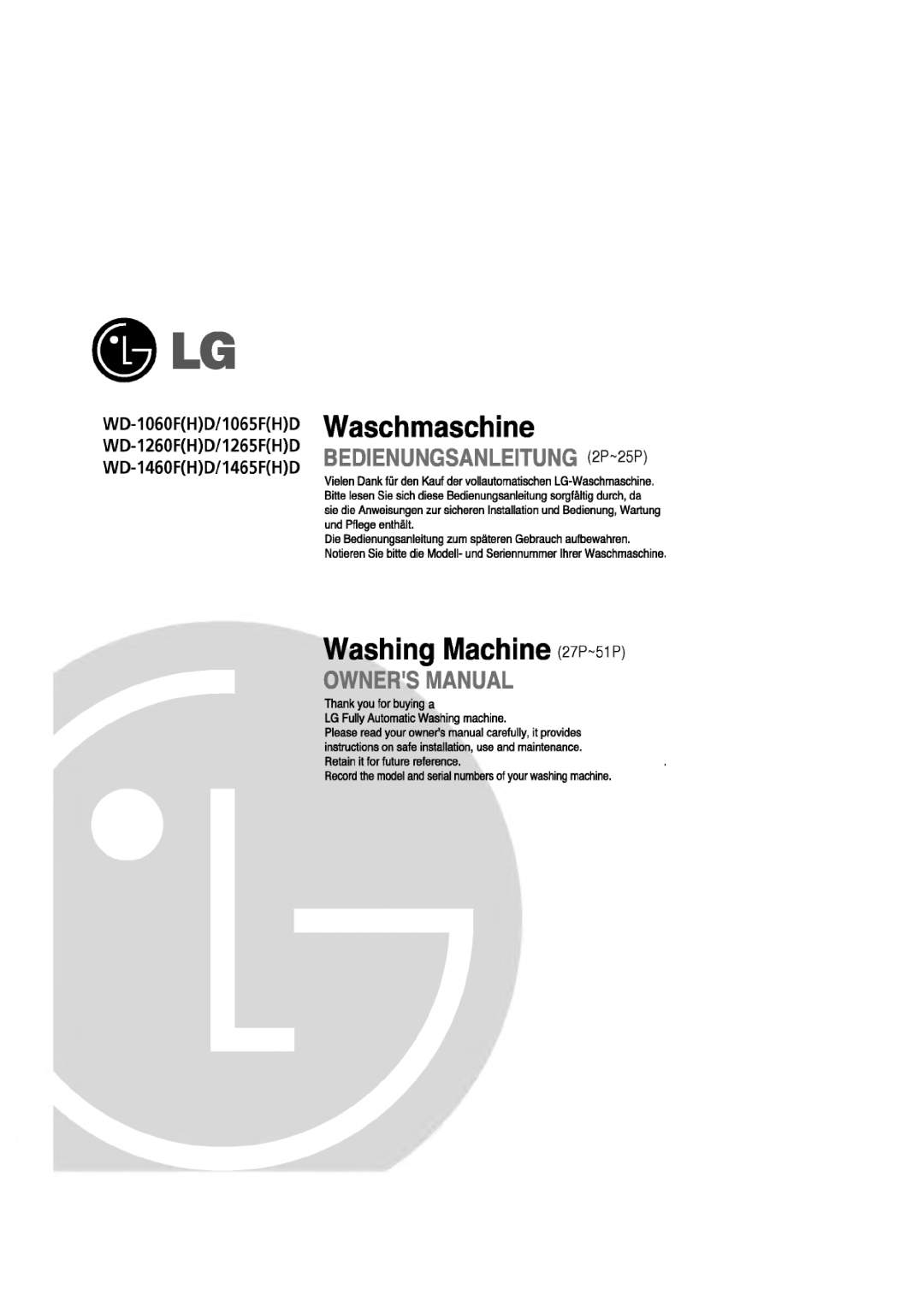 LG Electronics 1465(H)D, WD-1060F(H)D, 1065F(H)D, 1265F(H)D manual 