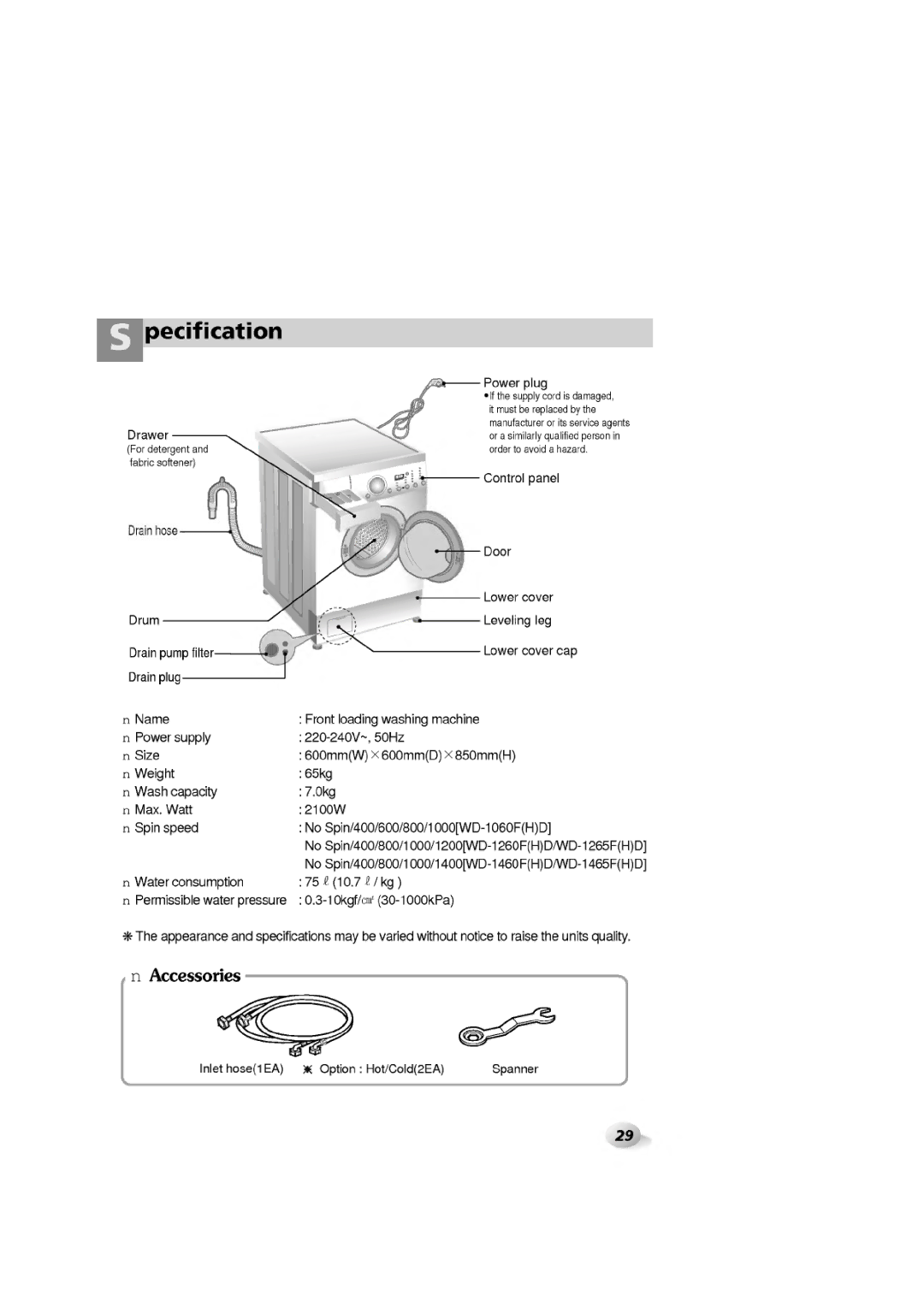 LG Electronics 1465(H)D, WD-1060F(H)D, 1065F(H)D, 1265F(H)D manual 