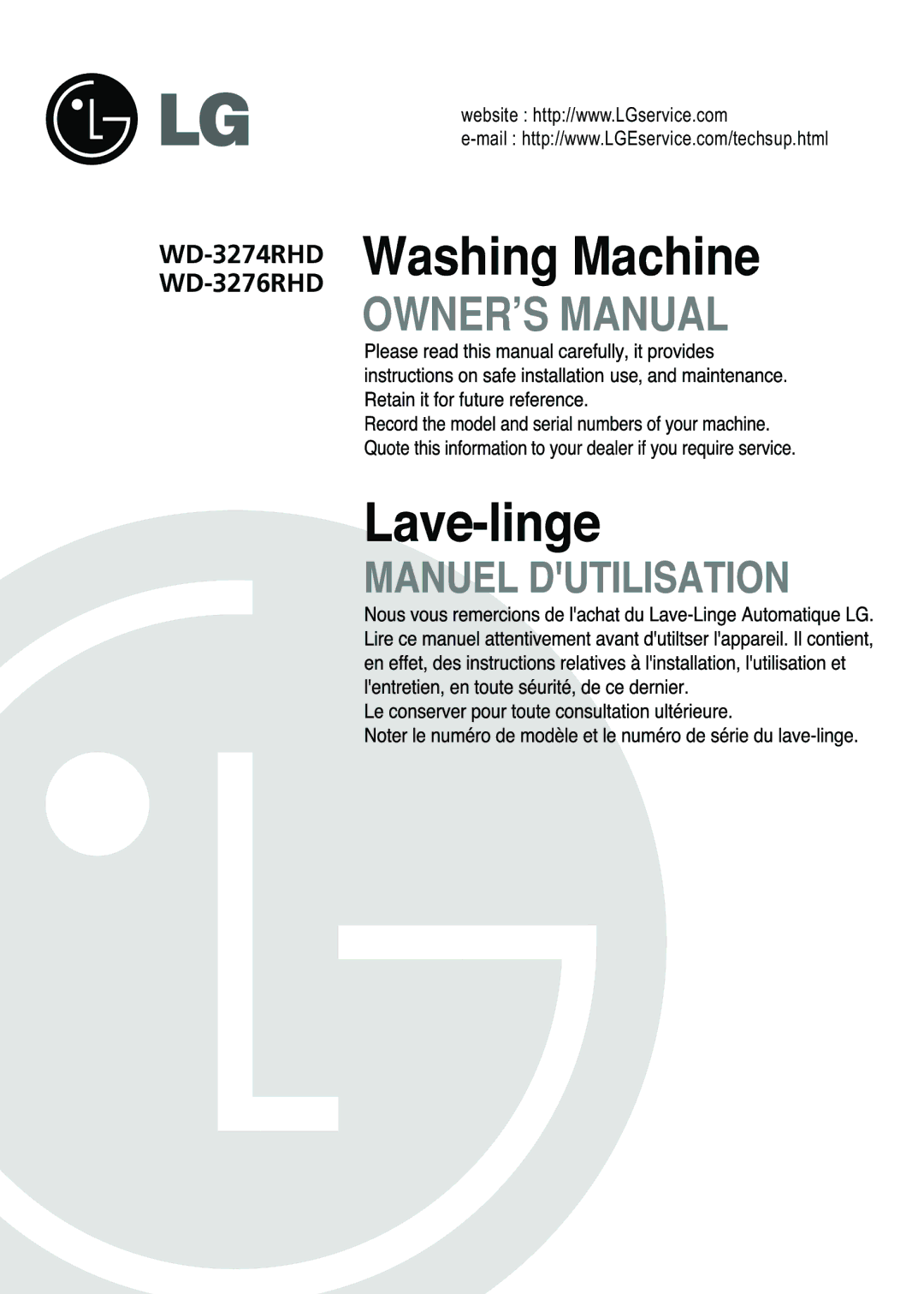 LG Electronics WD-3274RHD, WD-3276RHD owner manual Washing Machine 