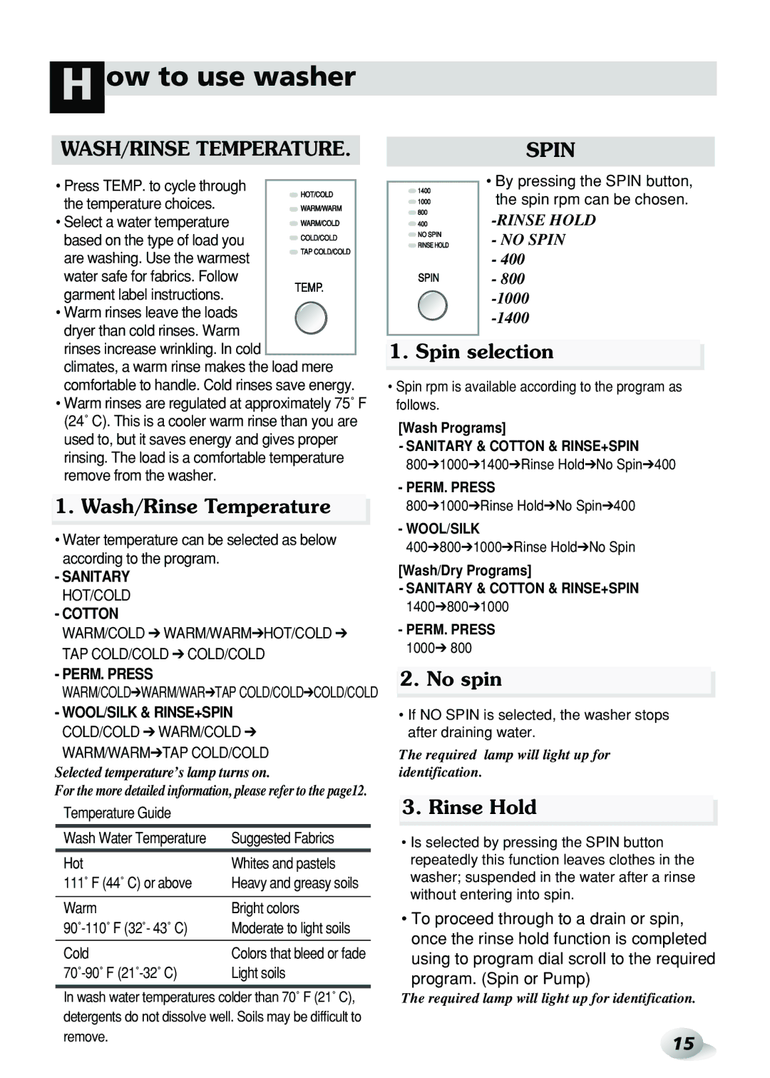 LG Electronics WD-3274RHD, WD-3276RHD owner manual Wash/Rinse Temperature, Spin selection, No spin, Rinse Hold 