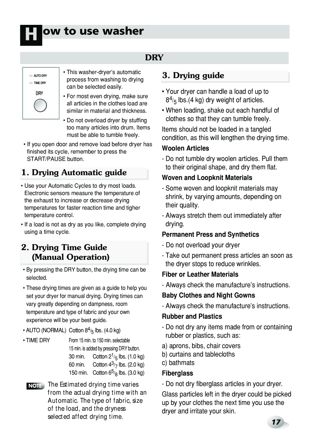 LG Electronics WD-3274RHD, WD-3276RHD owner manual Drying guide, Drying Automatic guide, Drying Time Guide Manual Operation 