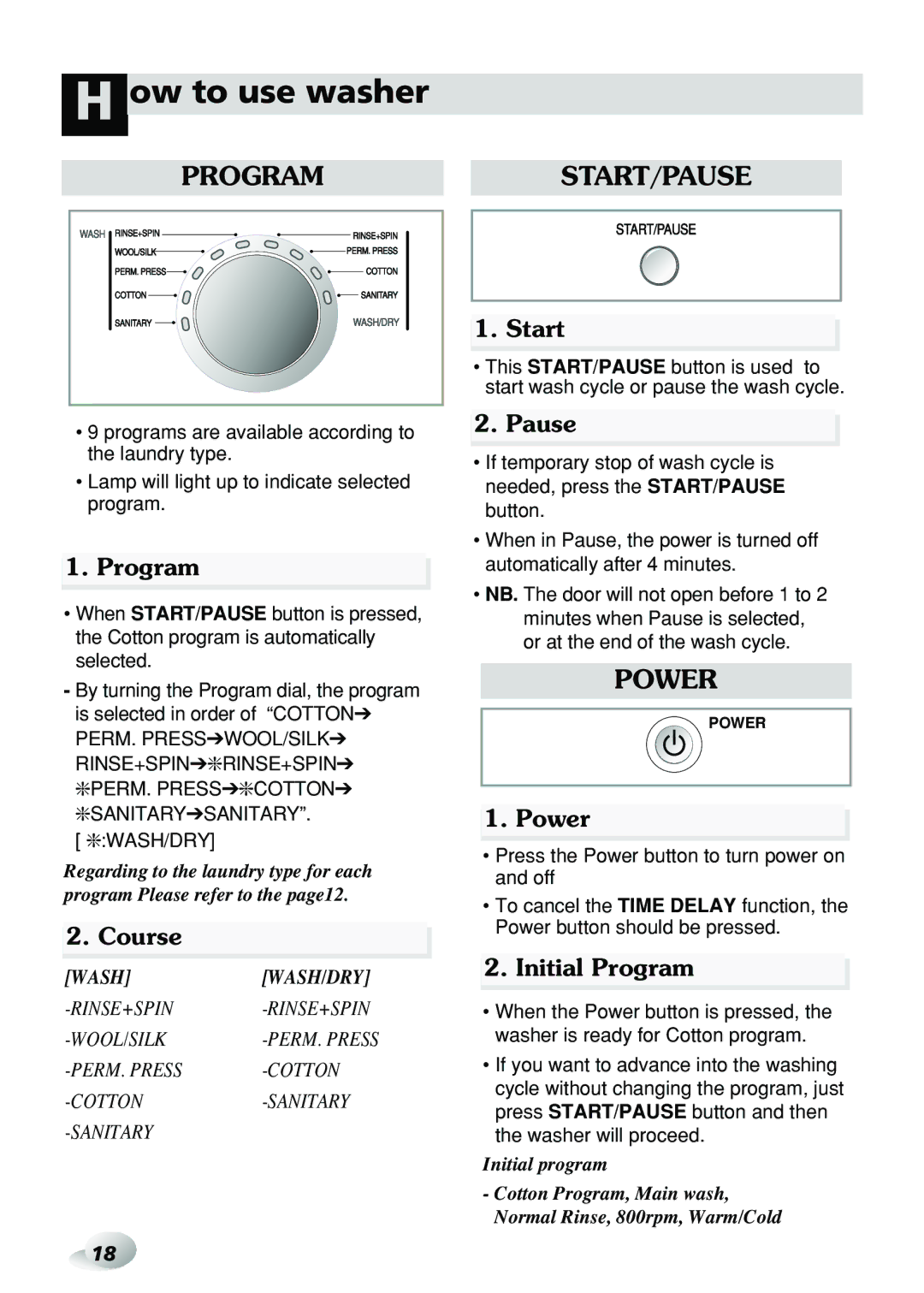 LG Electronics WD-3276RHD, WD-3274RHD owner manual Course, Start, Pause, Power, Initial Program 