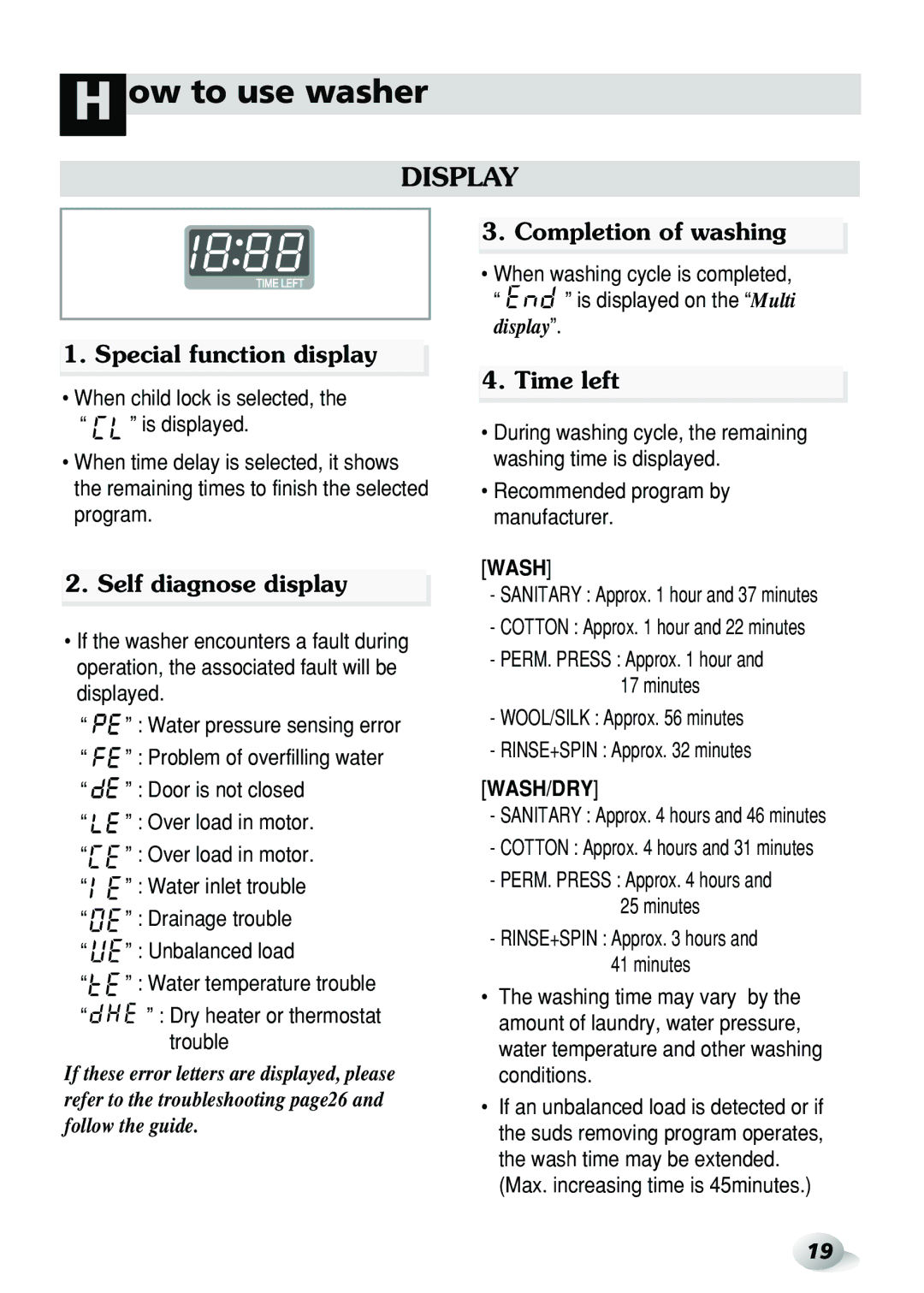 LG Electronics WD-3274RHD, WD-3276RHD Special function display, Self diagnose display, Completion of washing, Time left 