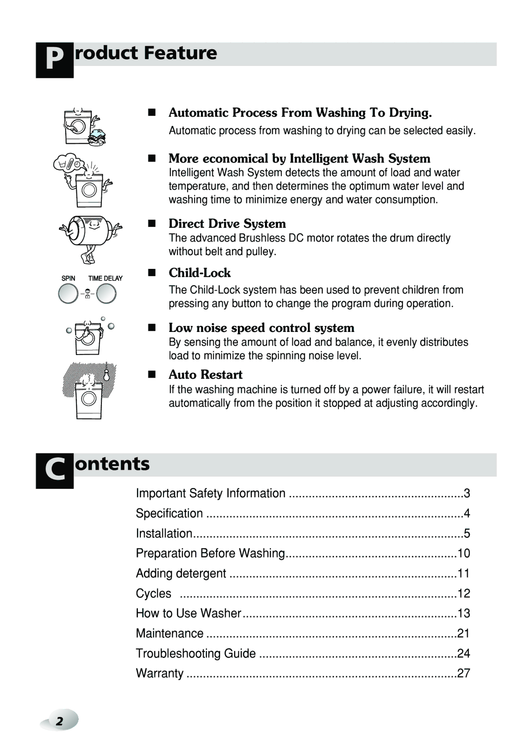 LG Electronics WD-3276RHD, WD-3274RHD owner manual Roduct Feature, Ontents 