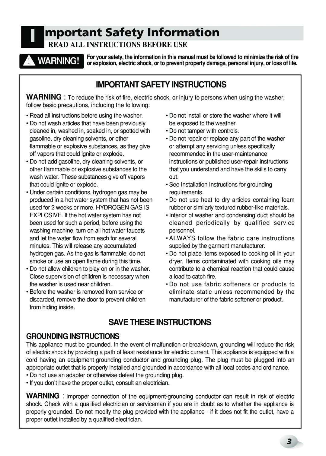 LG Electronics WD-3274RHD, WD-3276RHD owner manual Mportant Safety Information, Read ALL Instructions Before USE 