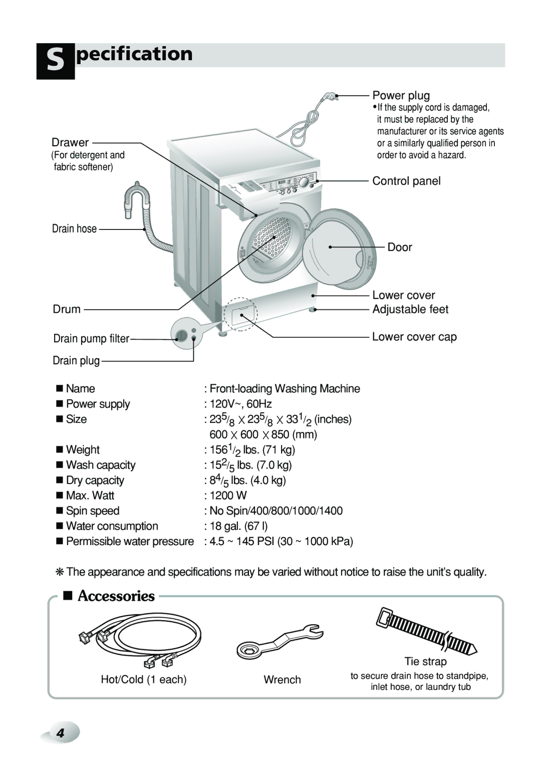 LG Electronics WD-3276RHD, WD-3274RHD owner manual Pecification, Drawer 