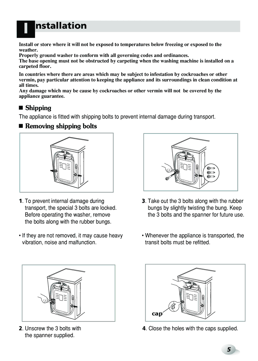 LG Electronics WD-3274RHD, WD-3276RHD owner manual Nstallation, Shipping, Removing shipping bolts 