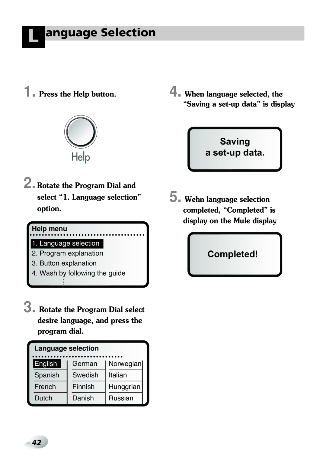 LG Electronics WD(M)-16100FD Anguage Selection, German, Spanish Swedish Italian French Finnish, Dutch Danish Russian 