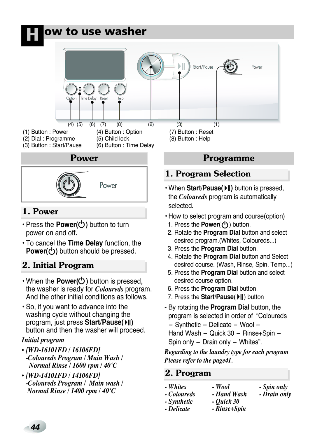 LG Electronics WD(M)-14100FD, WD(M)-16105FD, WD(M)-16100FD, WD(M)-14105FD Power, Initial Program, Program Selection 