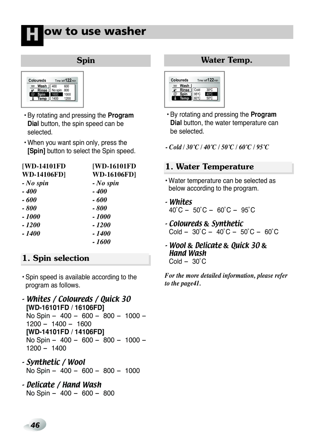 LG Electronics WD(M)-16100FD, WD(M)-16105FD, WD(M)-14105FD, WD(M)-14100FD Water Temperature, Spin selection 