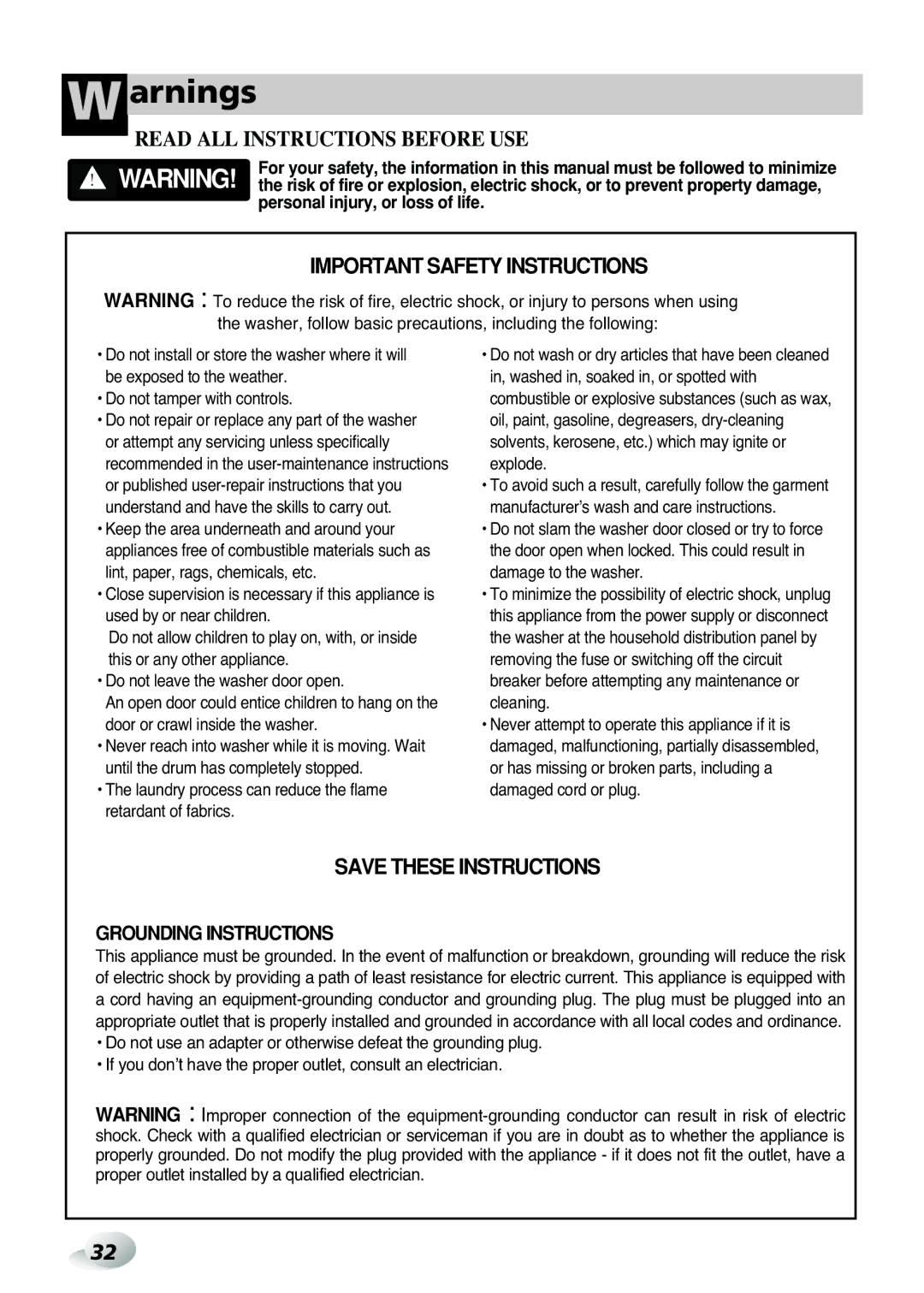 LG Electronics WD(M)-14100FD, WD(M)-16105FD, WD(M)-16100FD, WD(M)-14105FD Arnings, Read ALL Instructions Before USE 