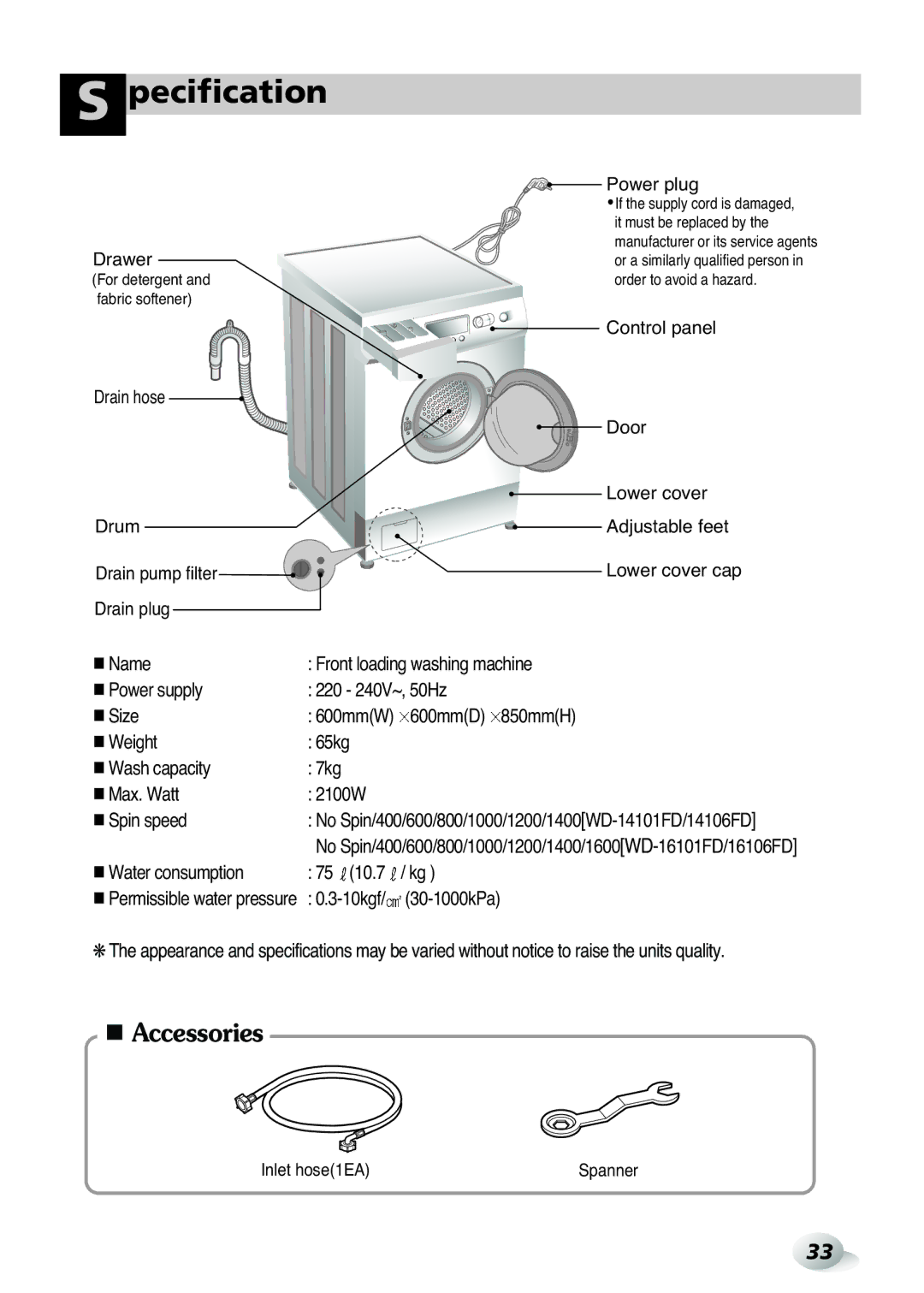 LG Electronics WD(M)-16105FD Pecification, 600mmD 850mmH, Weight 65kg Wash capacity 7kg Max. Watt 2100W Spin speed 