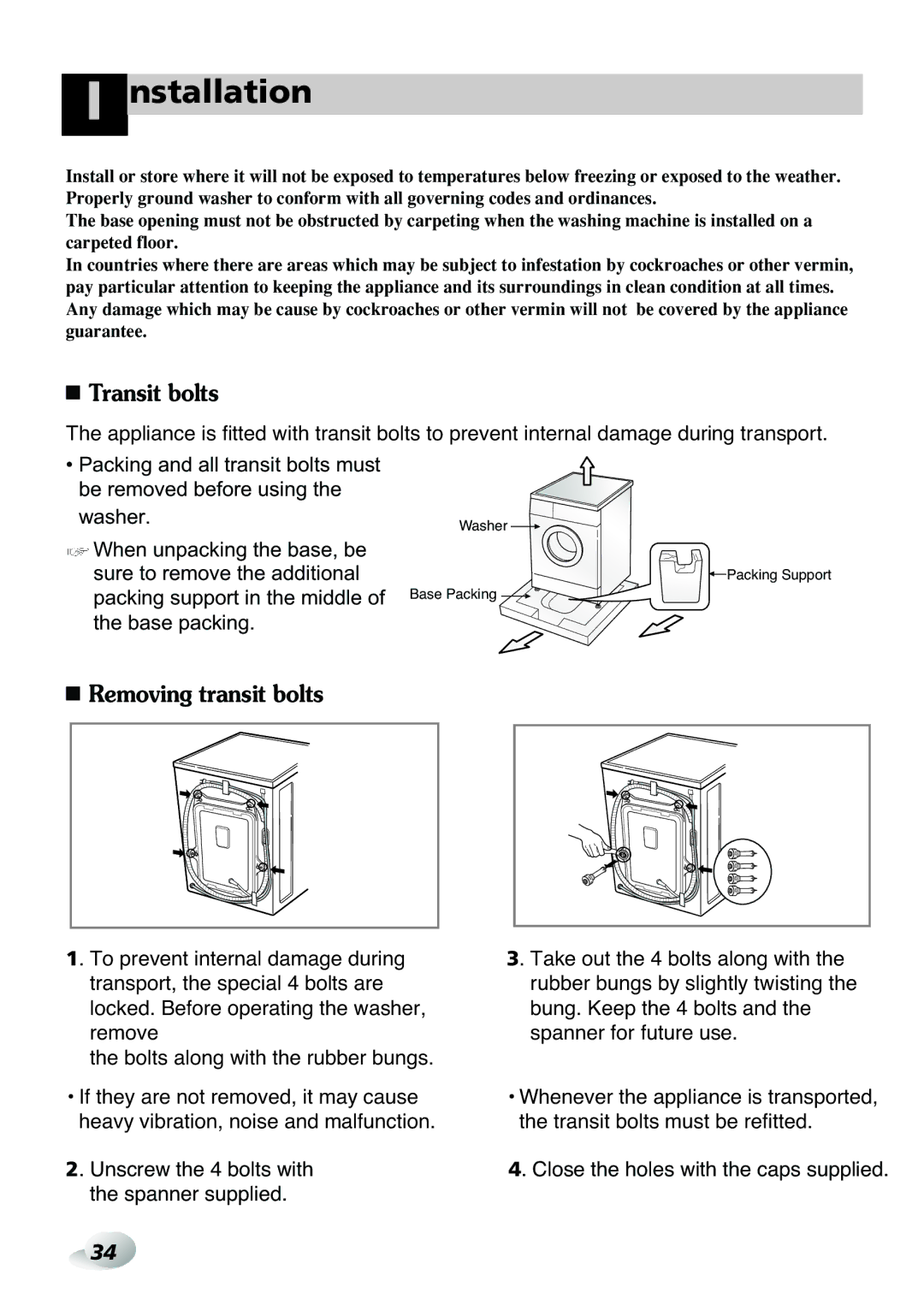 LG Electronics WD(M)-16100FD, WD(M)-16105FD, WD(M)-14105FD, WD(M)-14100FD Nstallation, Transit bolts, Removing transit bolts 