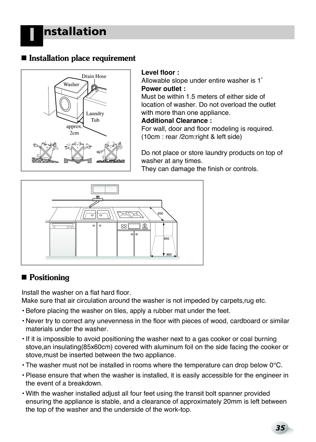 LG Electronics WD(M)-14105FD Installation place requirement, Positioning, Allowable slope under entire washer is 1˚ 