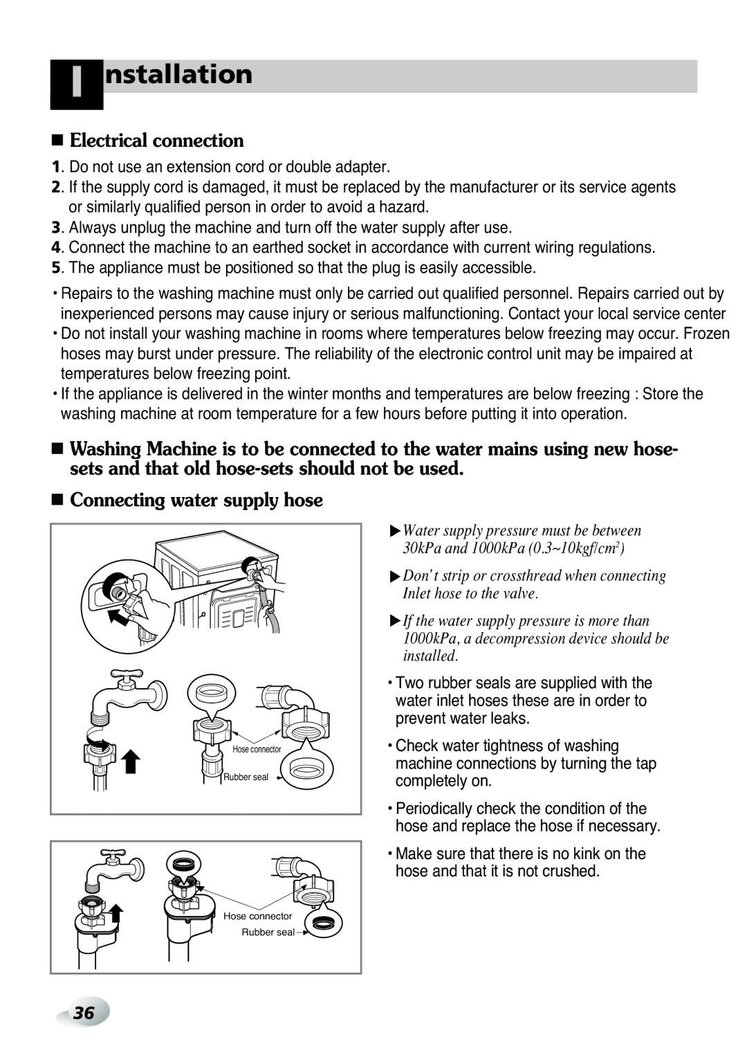 LG Electronics WD(M)-14100FD, WD(M)-16105FD, WD(M)-16100FD, WD(M)-14105FD owner manual Electrical connection 