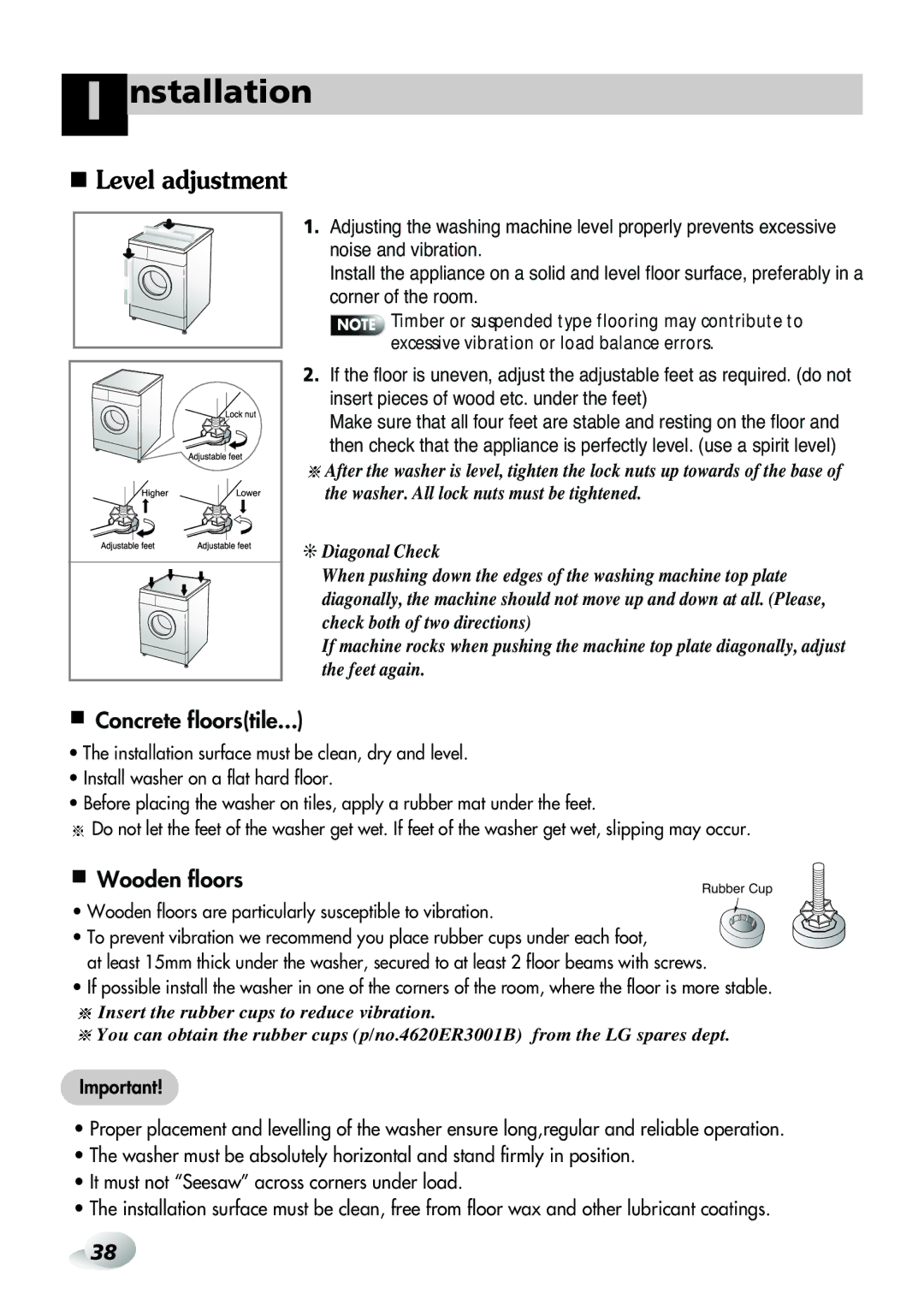 LG Electronics WD(M)-16100FD, WD(M)-16105FD, WD(M)-14105FD, WD(M)-14100FD owner manual Level adjustment 