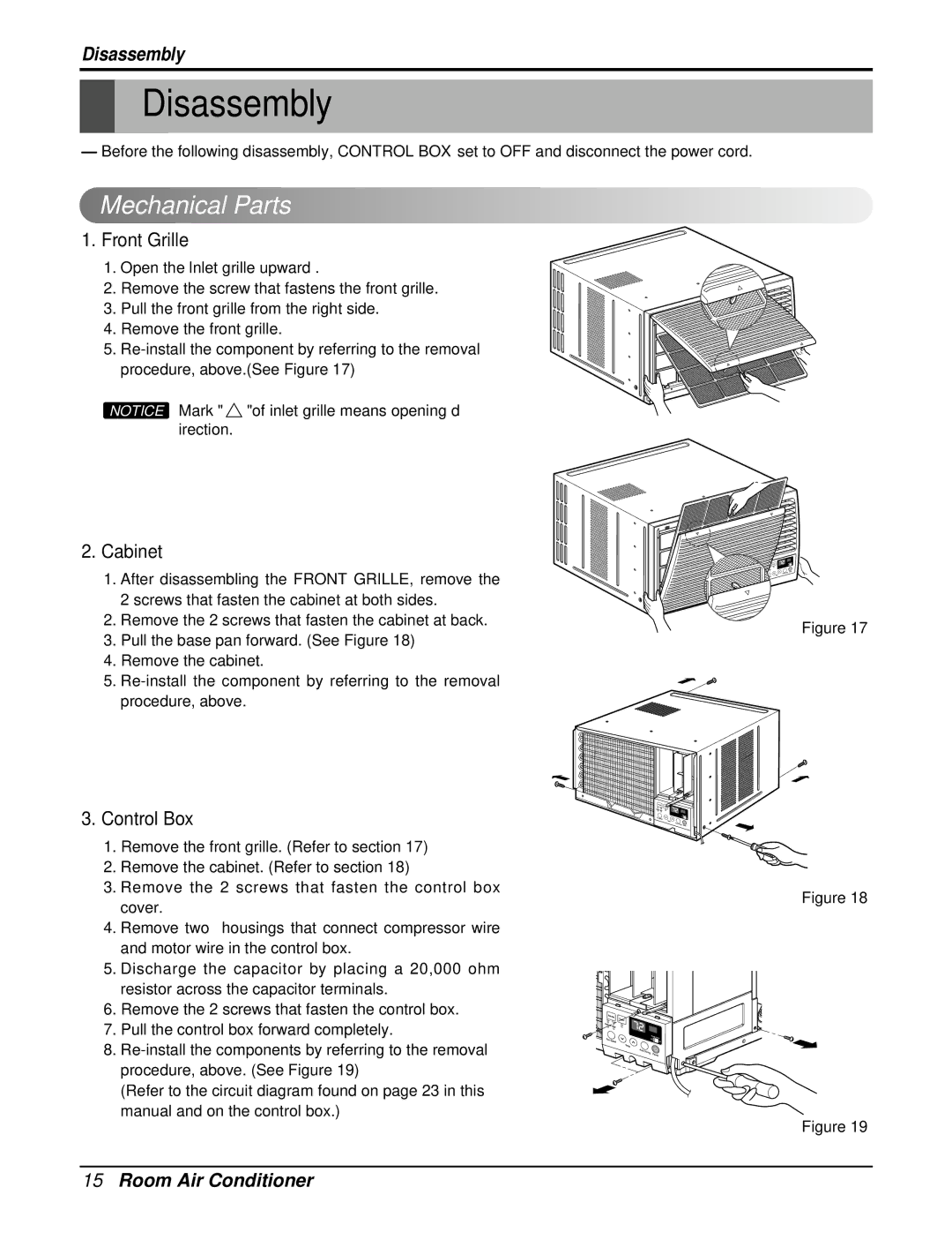 LG Electronics WG1805RY6, WG2405RY6, RAD-183A, RAD-243A Disassembly, Mechanical Parts, Front Grille, Cabinet, Control Box 