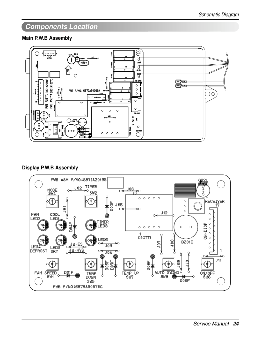 LG Electronics WG2405RY6, WG1805RY6, RAD-183A, RAD-243A Components Location, Main P.W.B Assembly Display P.W.B Assembly 