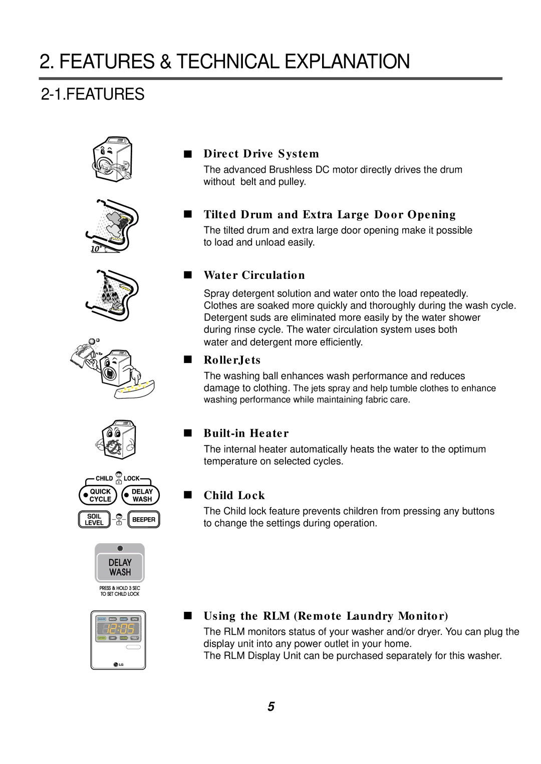 LG Electronics WM2042CW, WM2411HW, WD-12210(5)BD, WD-10210BD, WM2444H*M, WM0532HW, WM1832CW Features & Technical Explanation 