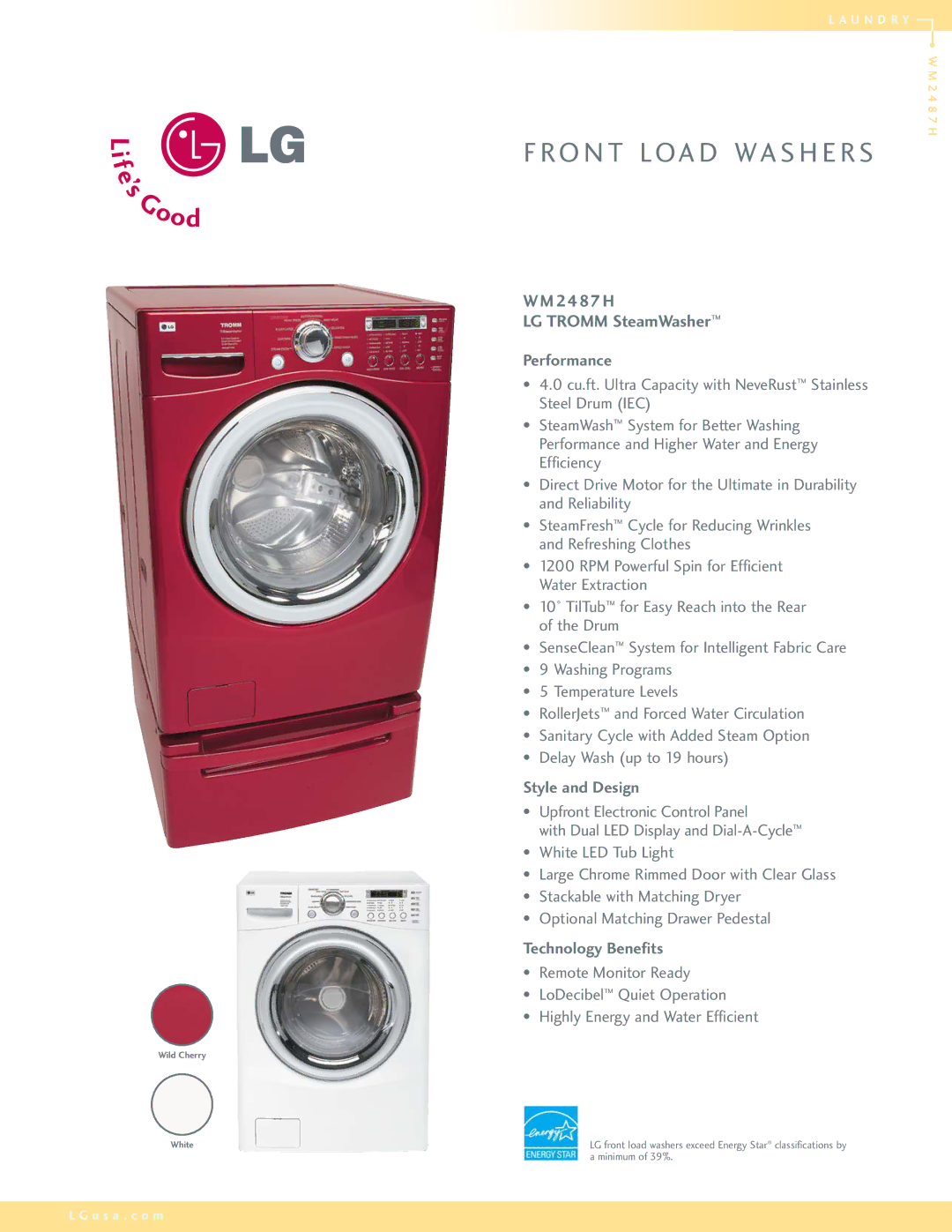 LG Electronics WM2487H manual H LG Tromm SteamWasher, Performance, Style and Design, Technology Benefits 