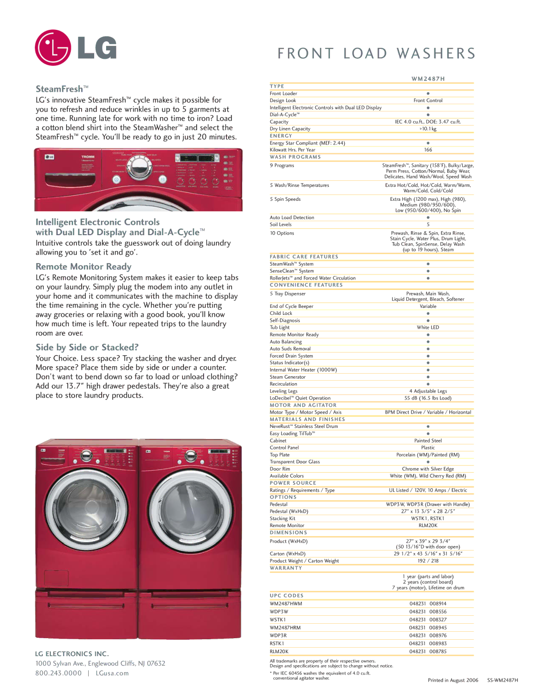 LG Electronics WM2487H manual SteamFresh, Remote Monitor Ready, Side by Side or Stacked? 