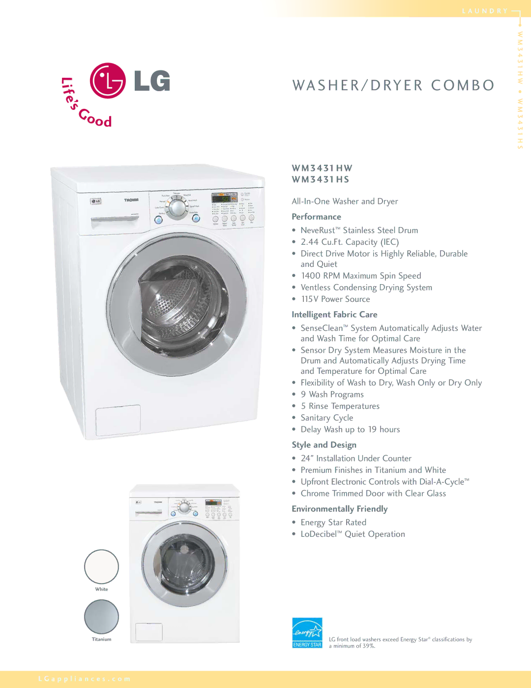 LG Electronics WM3431HS, WM3431HW manual H W 3431 H S, Performance, Intelligent Fabric Care, Style and Design 