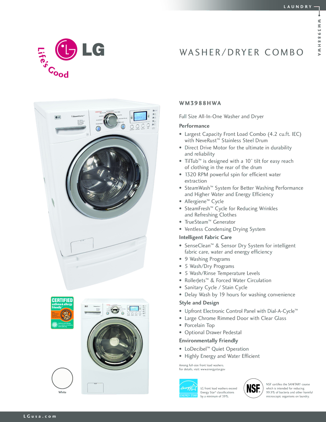 LG Electronics WM3988HWA manual H Wa, Performance, Intelligent Fabric Care, Style and Design, Environmentally Friendly 