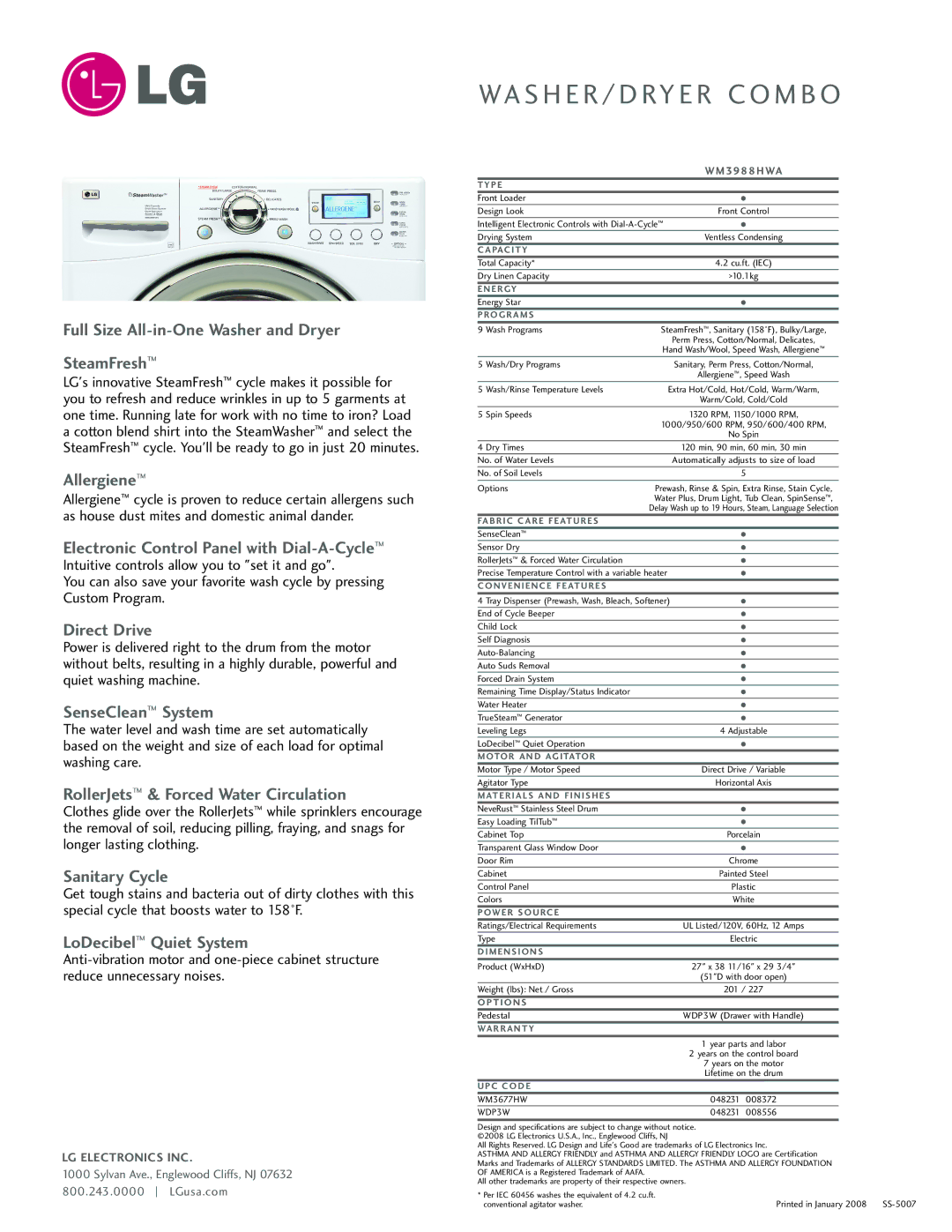 LG Electronics WM3988HWA Full Size All-in-One Washer and Dryer SteamFresh, Allergiene, Direct Drive, SenseClean System 