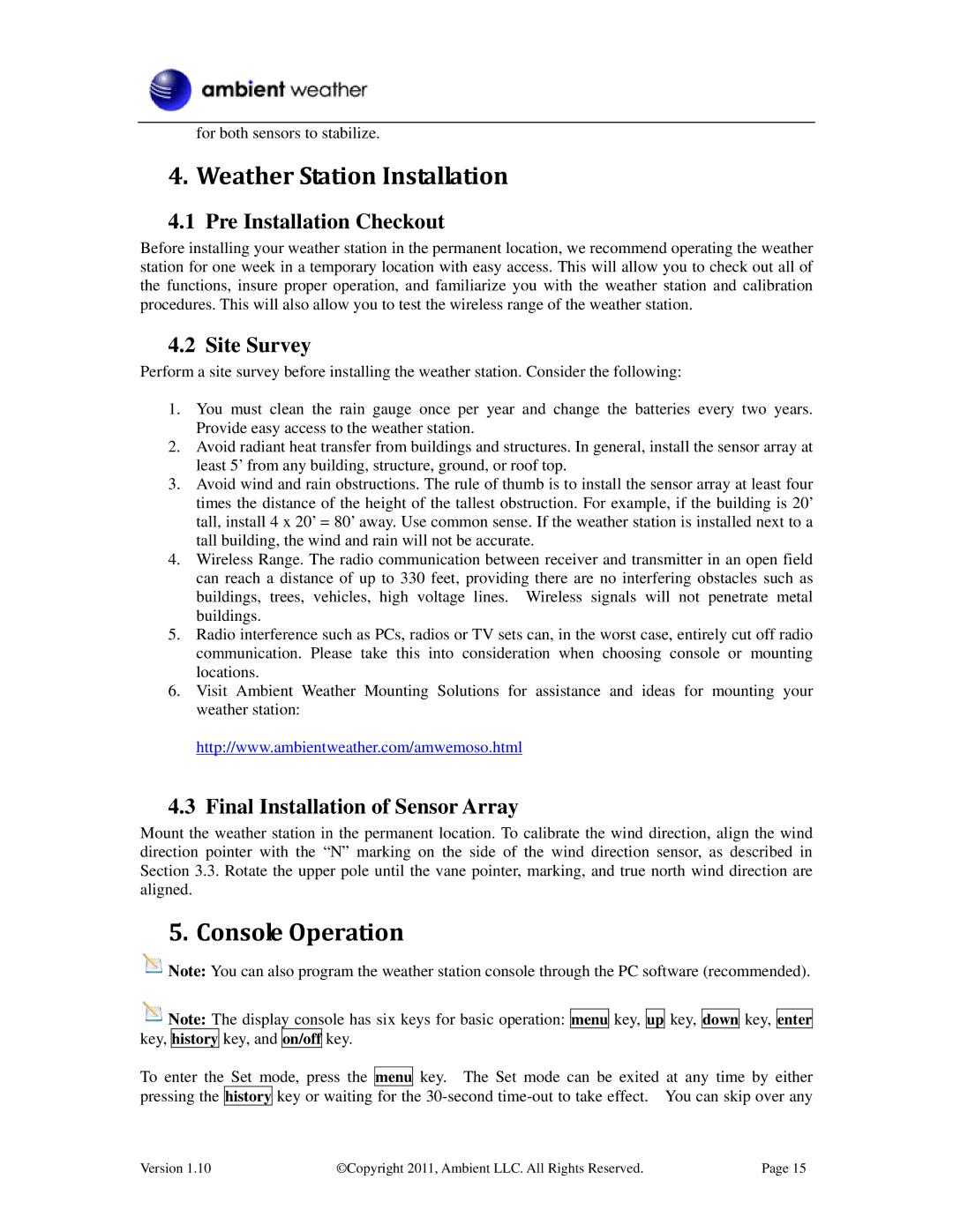 LG Electronics WS-2080 user manual Weather Station Installation, Console Operation, Pre Installation Checkout, Site Survey 