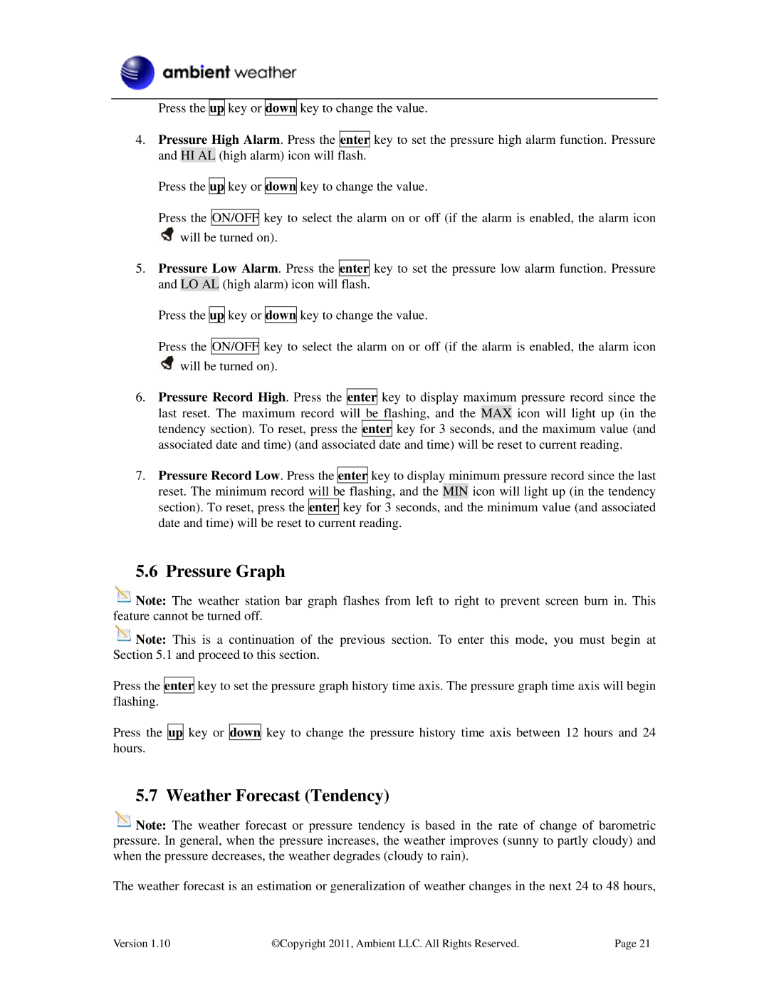 LG Electronics WS-2080 user manual Pressure Graph, Weather Forecast Tendency 