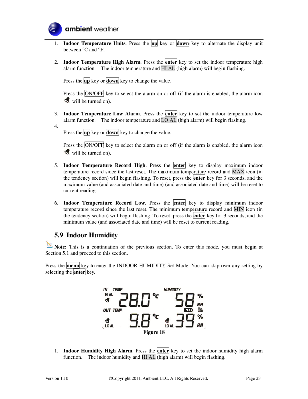 LG Electronics WS-2080 user manual Indoor Humidity, Down 