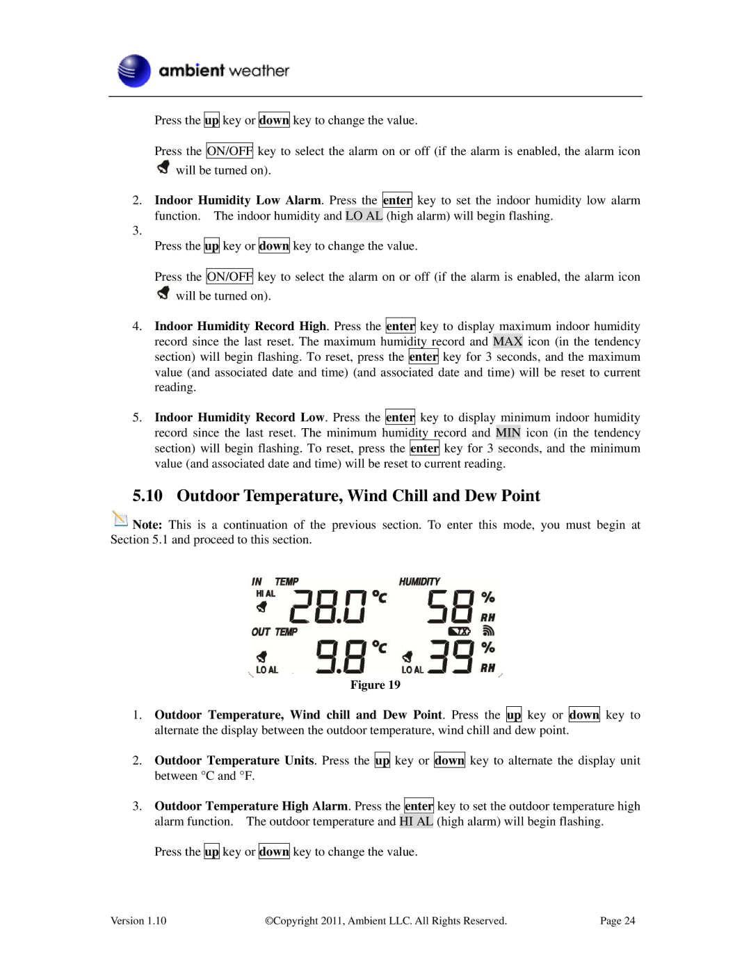 LG Electronics WS-2080 user manual Outdoor Temperature, Wind Chill and Dew Point 