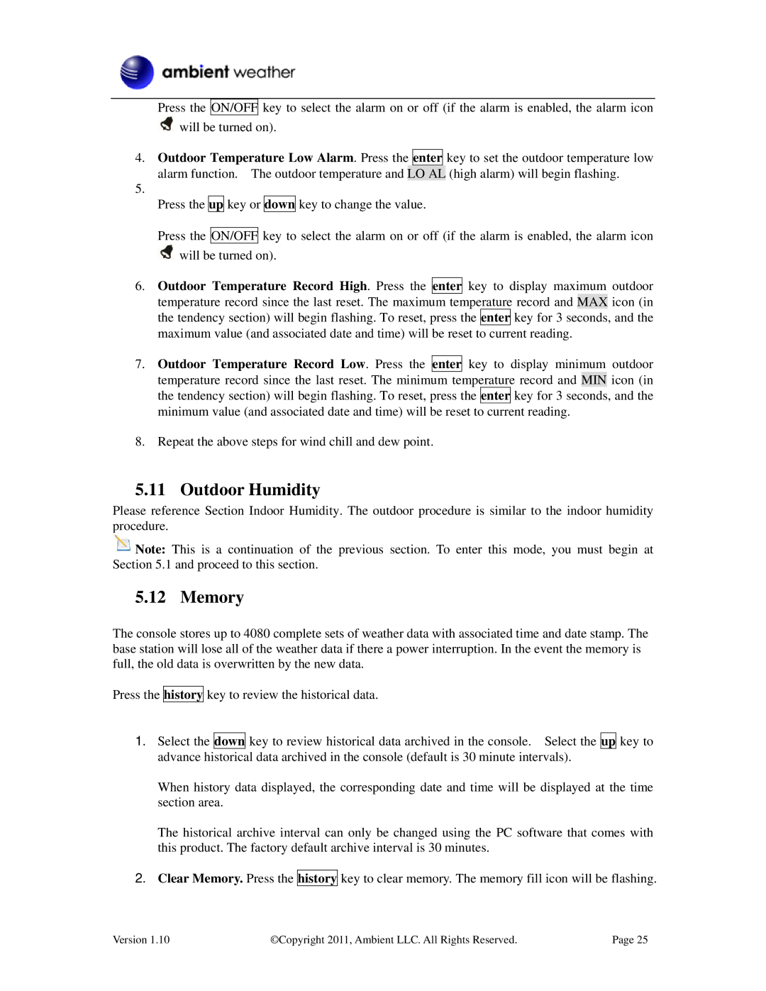 LG Electronics WS-2080 user manual Outdoor Humidity, Memory 