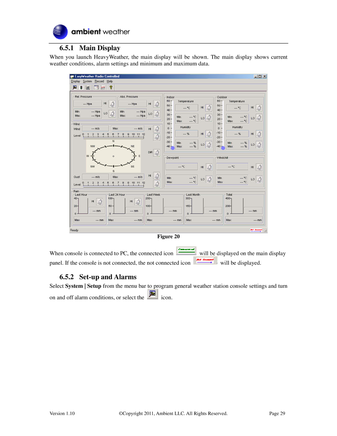 LG Electronics WS-2080 user manual Main Display, Set-up and Alarms 