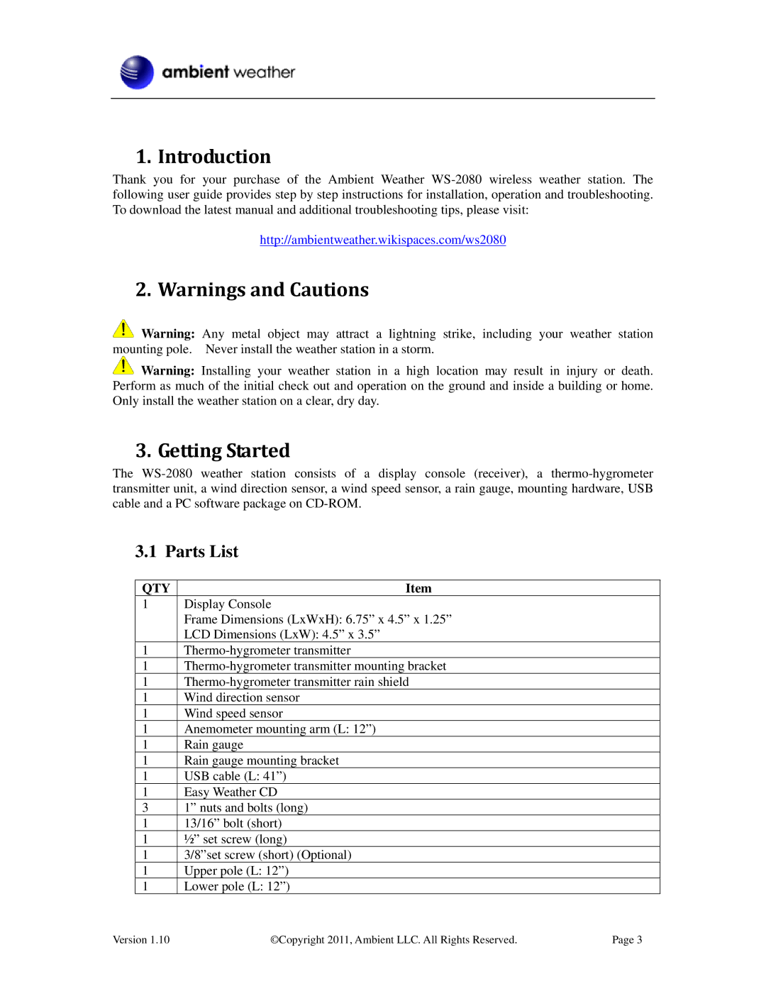 LG Electronics WS-2080 user manual Introduction, Getting Started, Parts List 