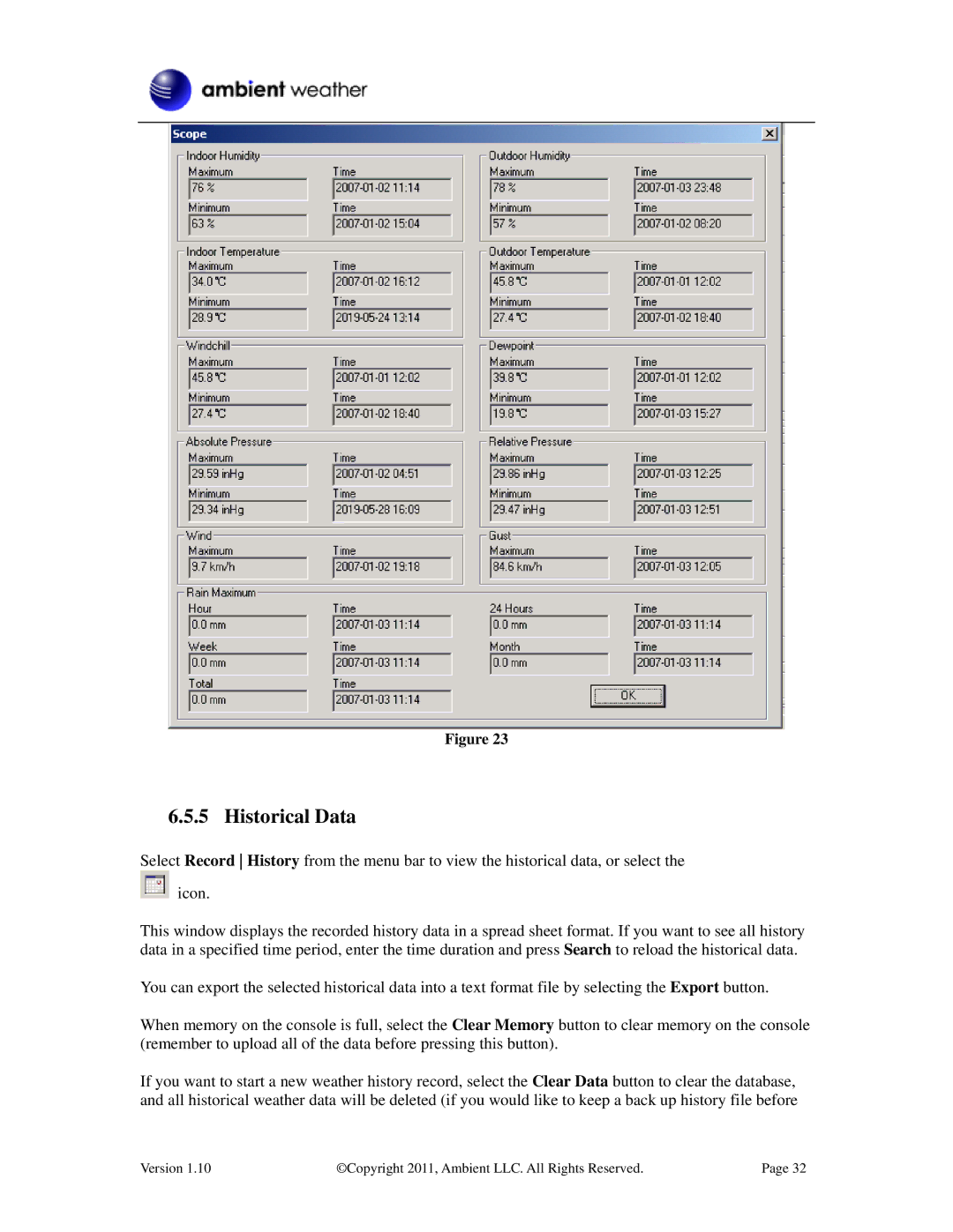 LG Electronics WS-2080 user manual Historical Data 