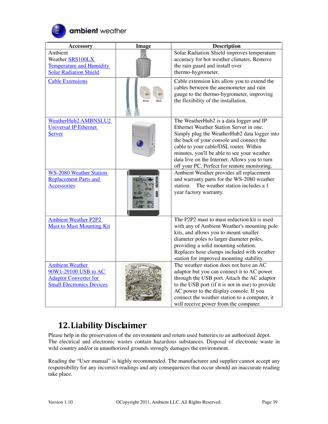 LG Electronics WS-2080 user manual Liability Disclaimer, Cable Extensions 