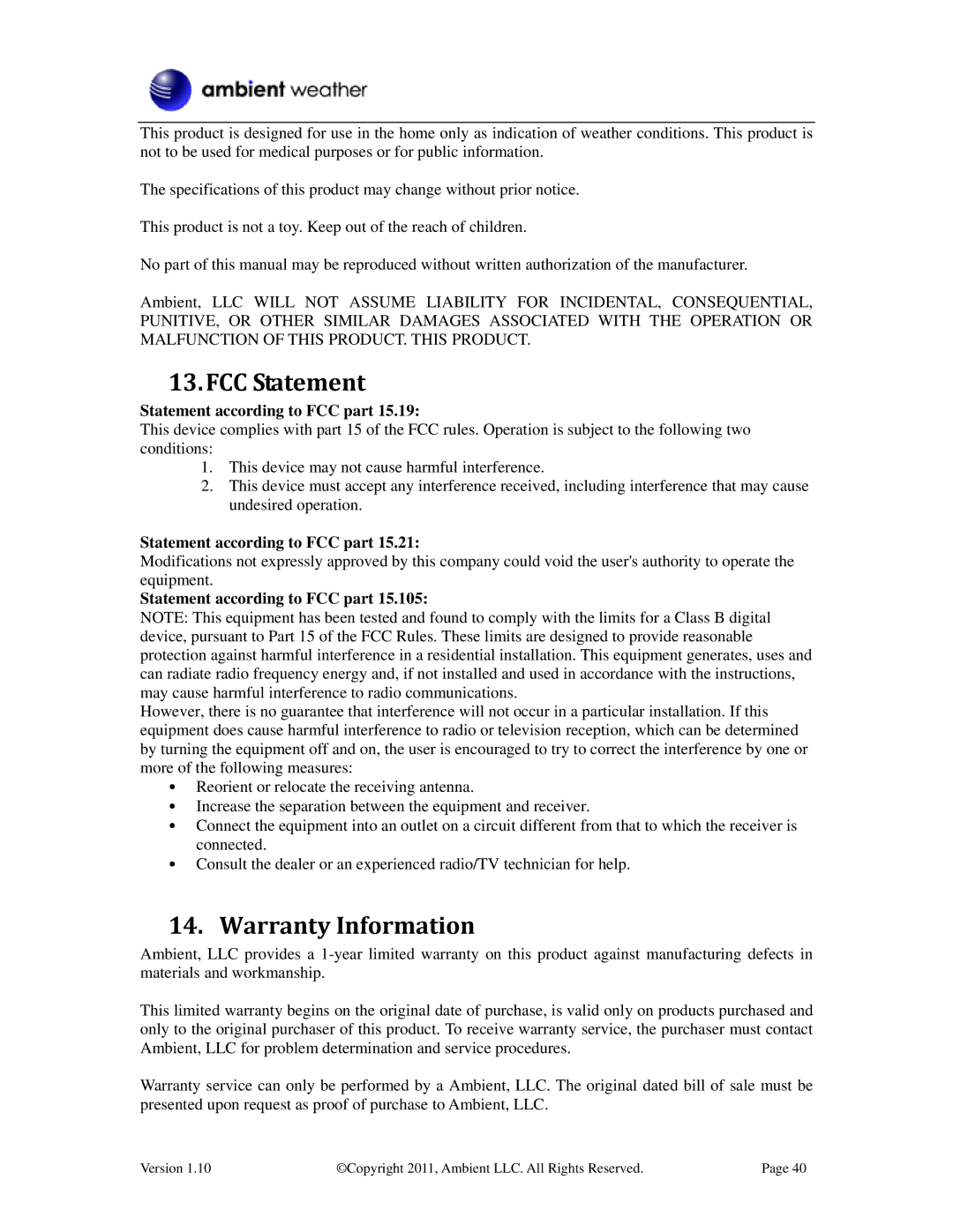 LG Electronics WS-2080 user manual FCC Statement, Warranty Information, Statement according to FCC part 