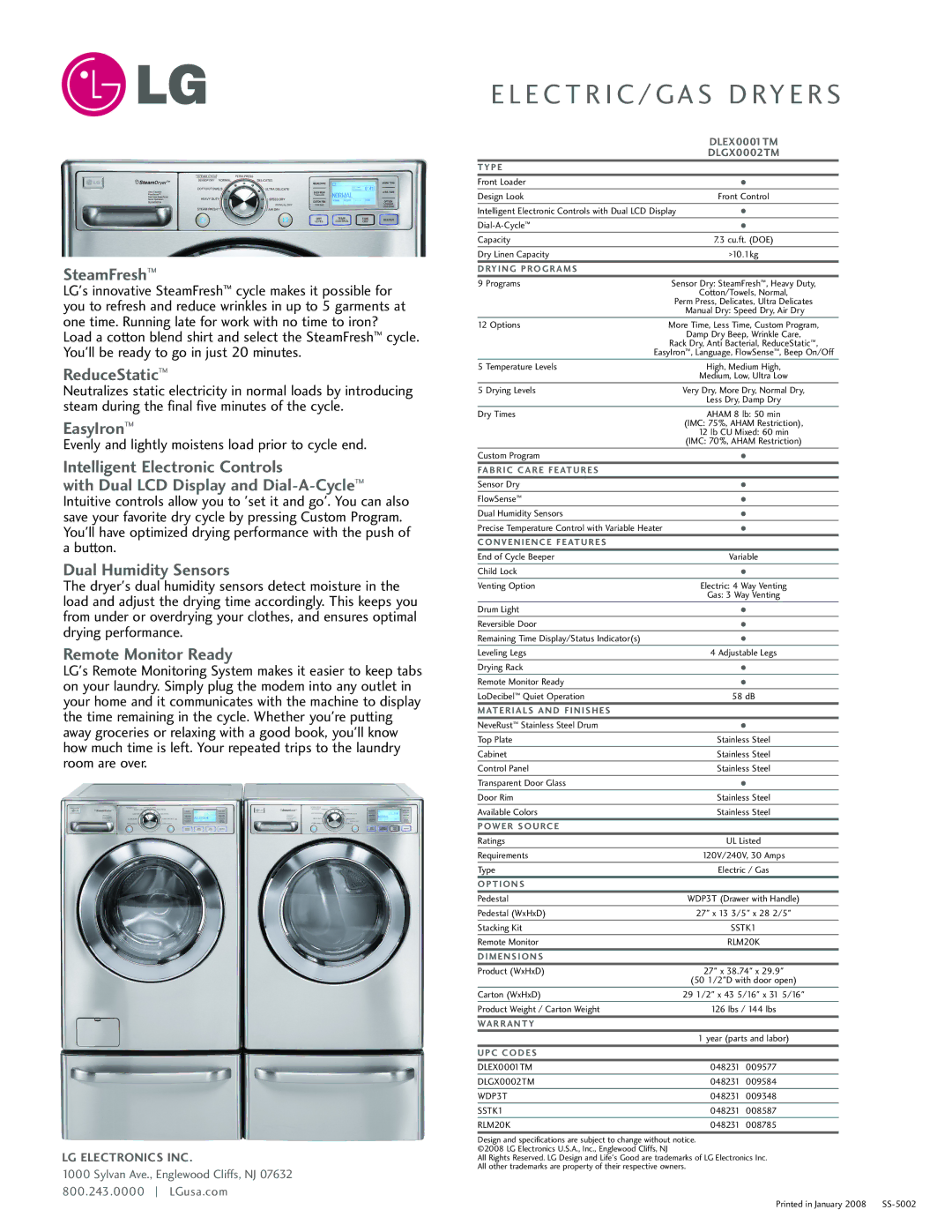 LG Electronics X0002TM manual SteamFresh, ReduceStatic, EasyIron, Dual Humidity Sensors, Remote Monitor Ready 