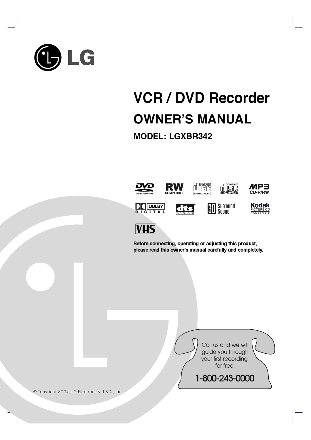 LG Electronics XBR342 owner manual VCR / DVD Recorder 