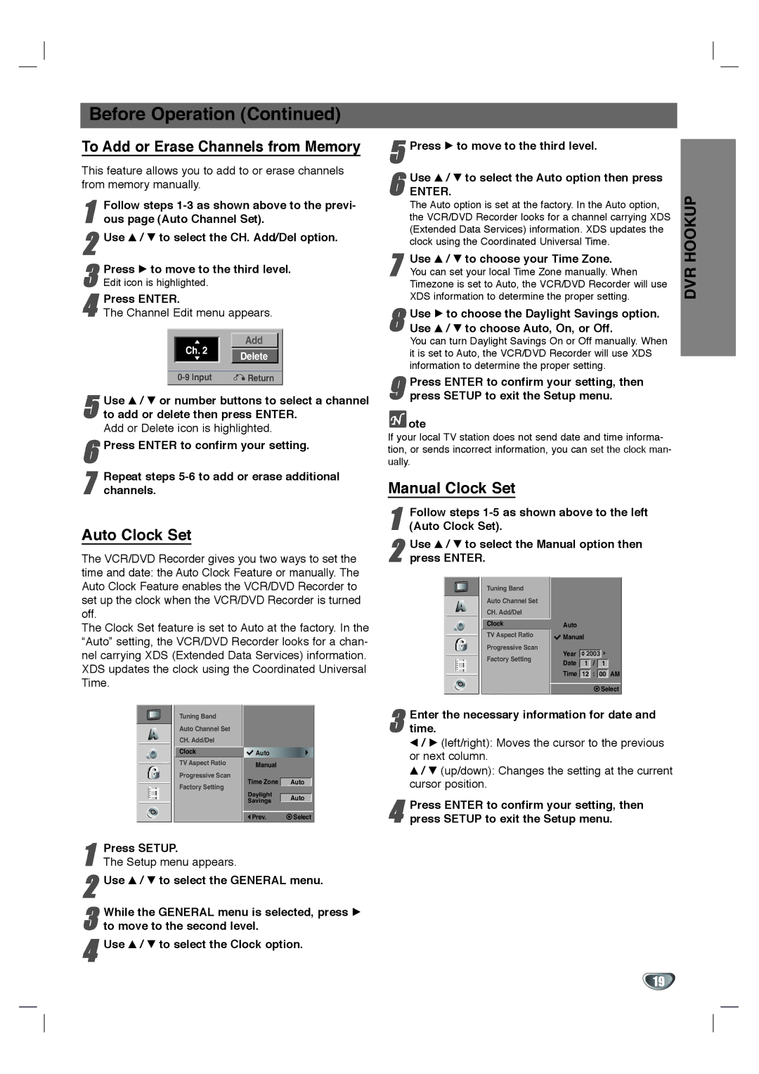 LG Electronics XBR342 owner manual Before Operation, To Add or Erase Channels from Memory, Auto Clock Set, Manual Clock Set 