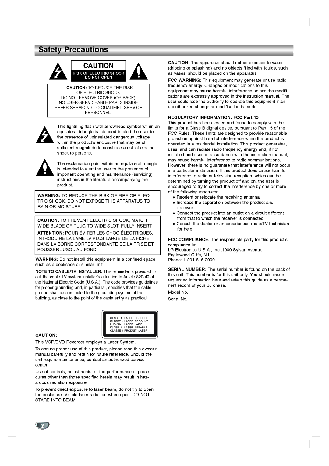 LG Electronics XBR342 owner manual Safety Precautions, Regulatory Information FCC Part 